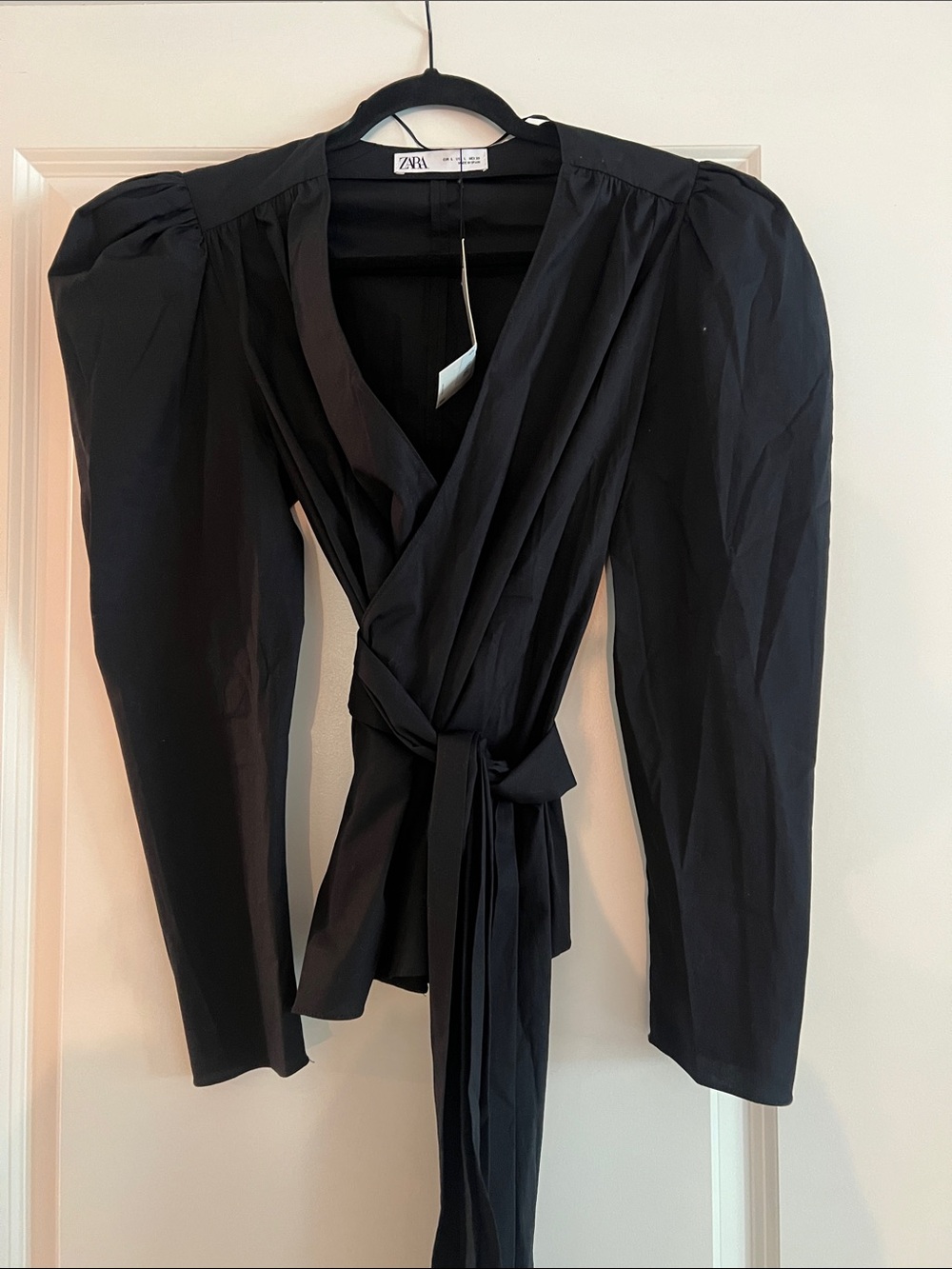 Zara Black Wrap Blouse with Statement Puff Sleeves